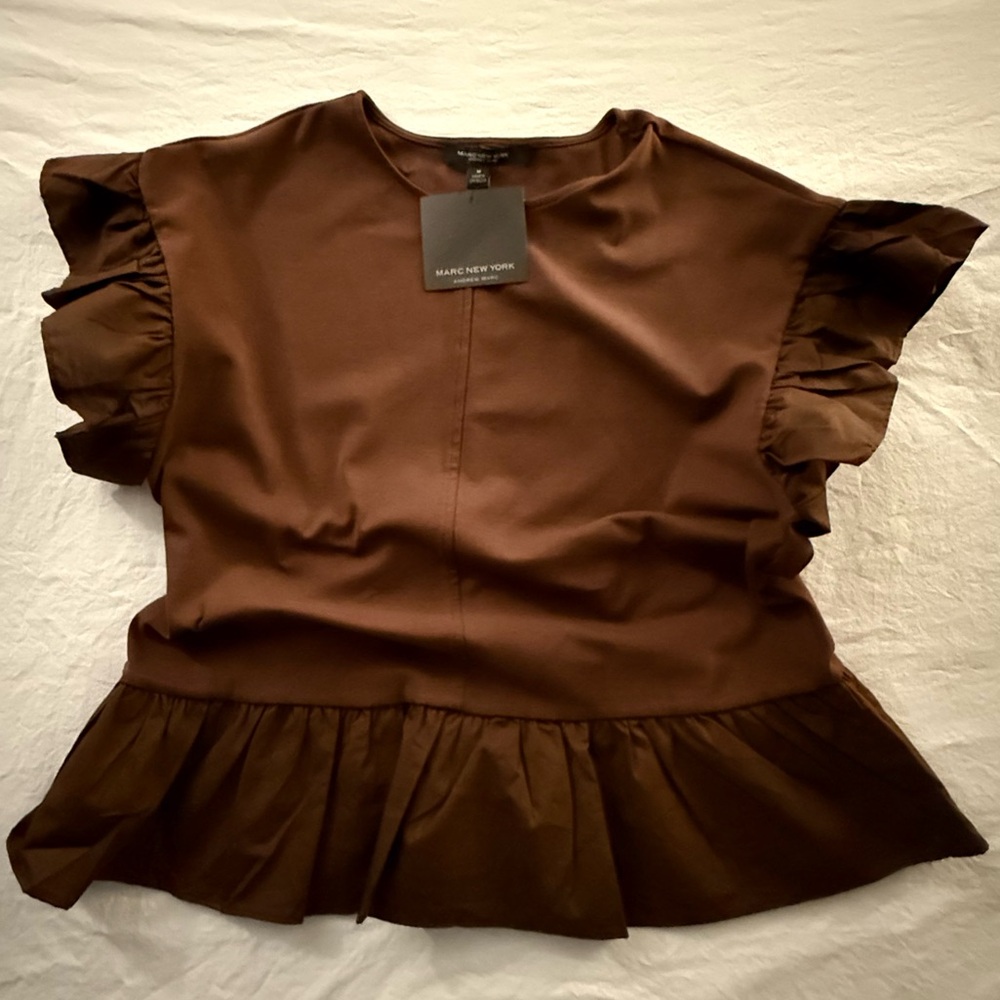 Marc New York Andrew Marc Brown Ruffle Sleeve Peplum Top Chicory Coffee M5MTK614